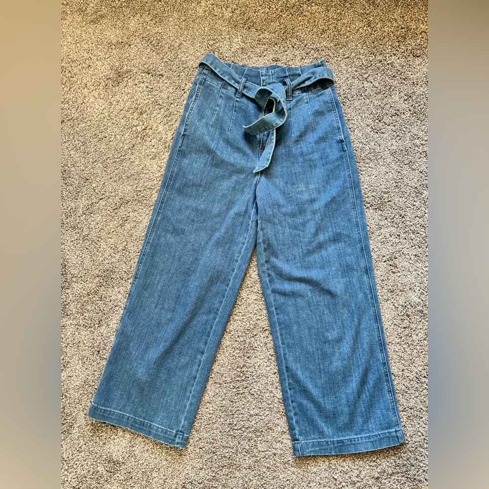 Madewell Denim Wide-Leg Paperbag Crop Jeans with Belt, Med Wash, SZ 27